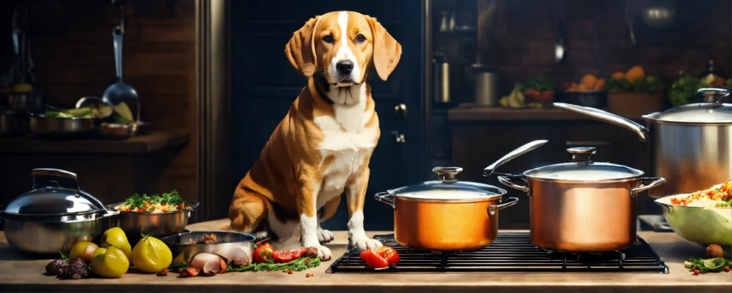 um cachorro em cima da mesa perto de alimentos proibidos para pet