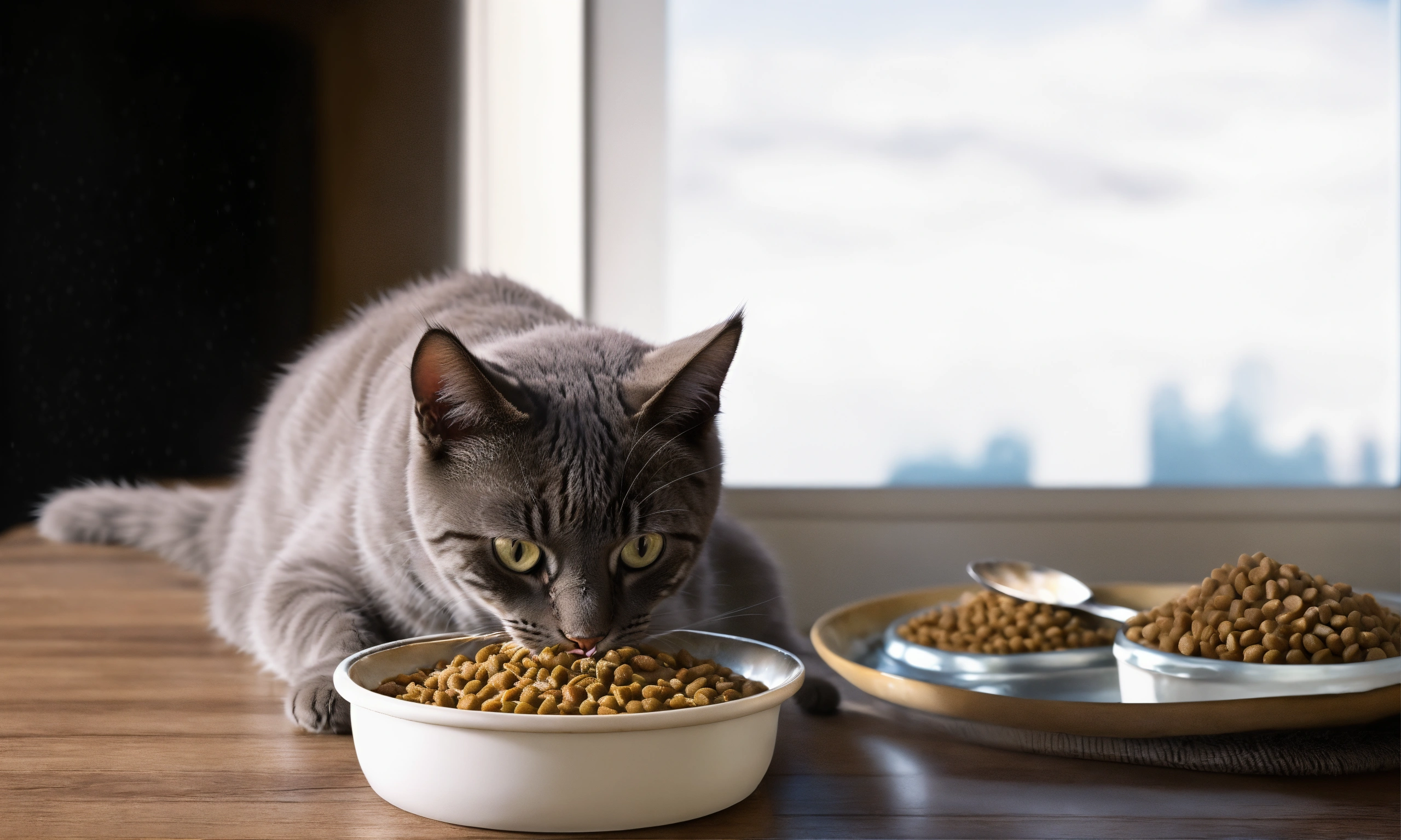Alimentos Proibidos para Cães e Gatos: O Que Evitar e Alternativas Seguras 1 um gato cinza se alimentando