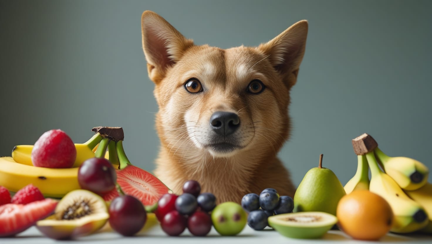Cachorros Podem Comer Frutas? Descubra as Seguras e as que Devem Ser Evitadas 4 Cachorro curioso olhando para uma tigela de frutas variadas, representando as opções seguras e as que devem ser evitadas na alimentação canina.