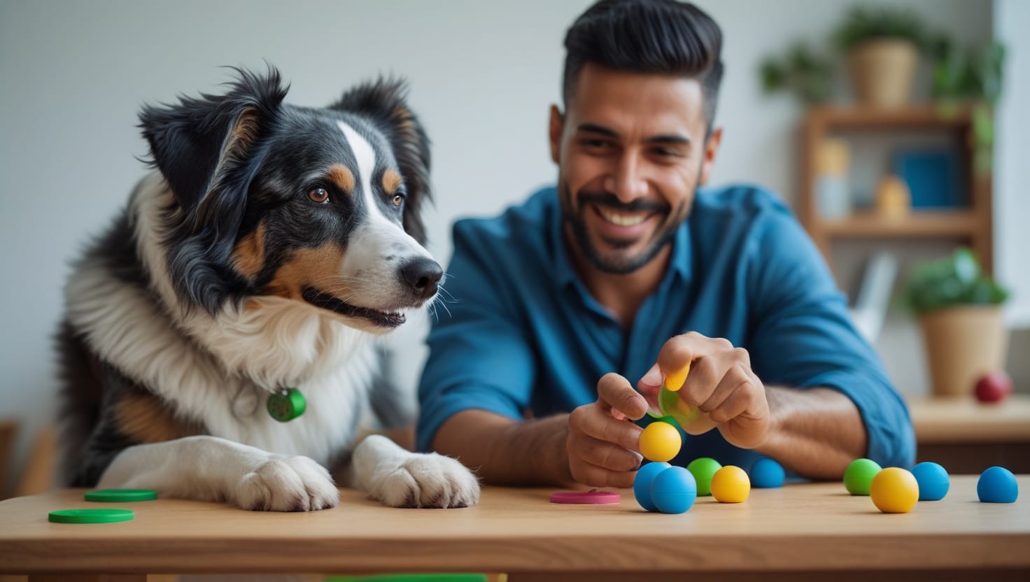Border Collie atento e focado, interagindo com o tutor, representando as raças de cachorro mais inteligentes do mundo.