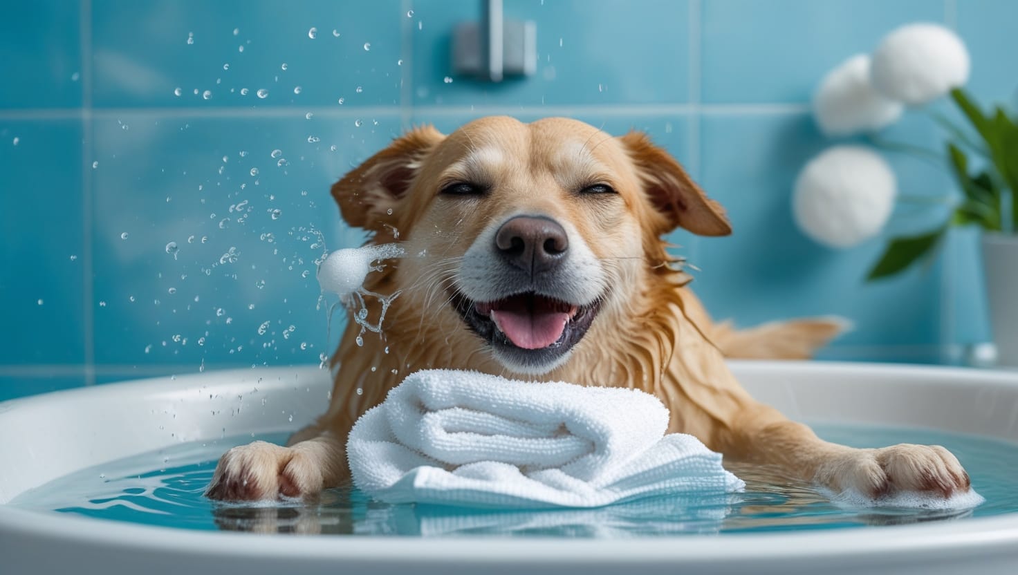 Banho em Cachorro: Qual a Frequência Ideal para a Saúde do Seu Pet? 6 Cachorro feliz e relaxado sendo ensaboado durante o banho, representando os cuidados com a higiene pet.
