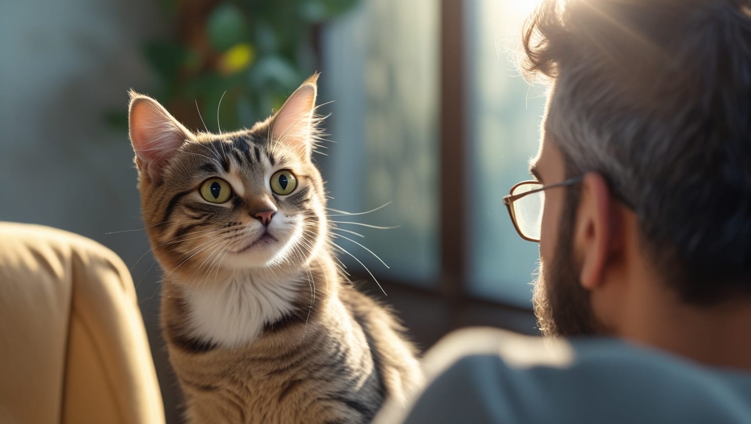 10 Comportamentos dos Gatos que Você Nunca Entendeu e Seus Significados 8 Gato curioso olhando atentamente para algo, com expressão intrigante, simbolizando os comportamentos misteriosos dos felinos