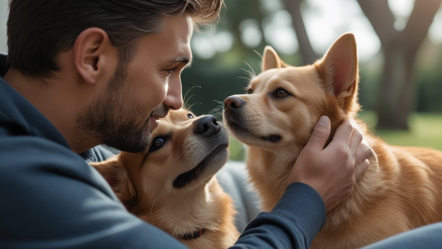 Seu Cachorro Te Ama? 5 Sinais Científicos que Comprovam 5 Cachorro olhando carinhosamente para seu dono, com expressão amorosa e rabo abanando, simbolizando o afeto canino.