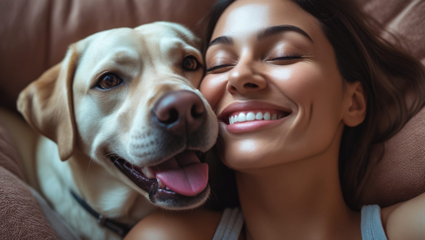 Por Que os Cães Lambem os Tutores? Entenda Esse Comportamento Apaixonante 6 Cachorro feliz lambendo o rosto do tutor em demonstração de afeto.