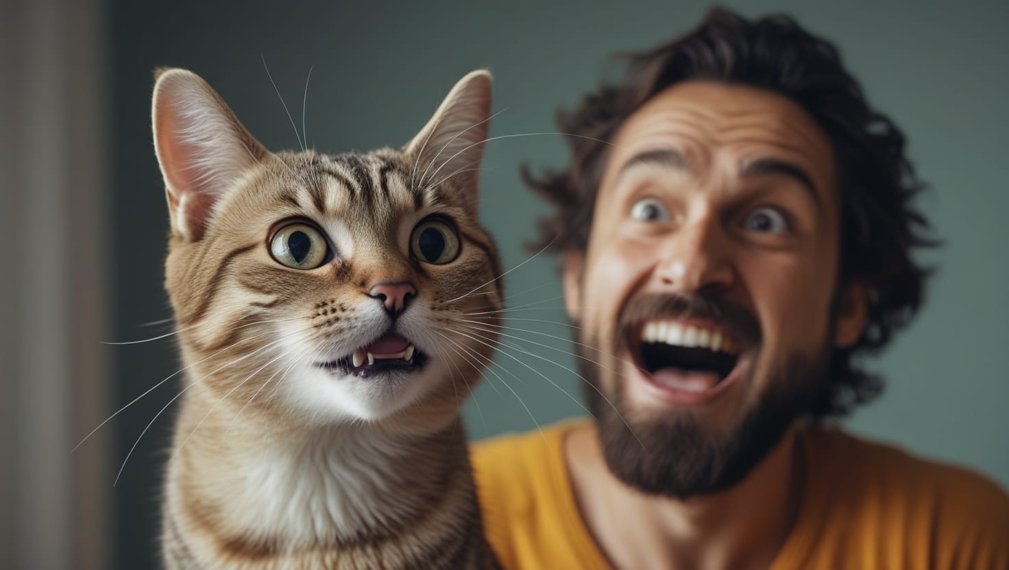 Os 7 Sons Mais Estranhos que os Gatos Fazem 6 Gato com a boca aberta, emitindo um som curioso, com expressão intrigada, representando os sons estranhos que os gatos fazem.