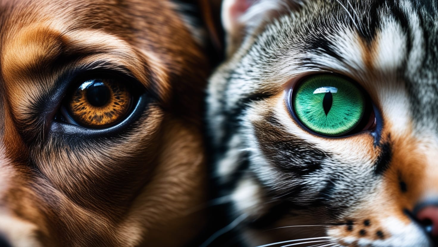 Afinal, os Cães e Gatos Enxergam Cores? Veja a Verdade 5 Um close extremo dos olhos de um cão e um gato lado a lado. A foto deve ser incrivelmente nítida, mostrando os detalhes das íris.