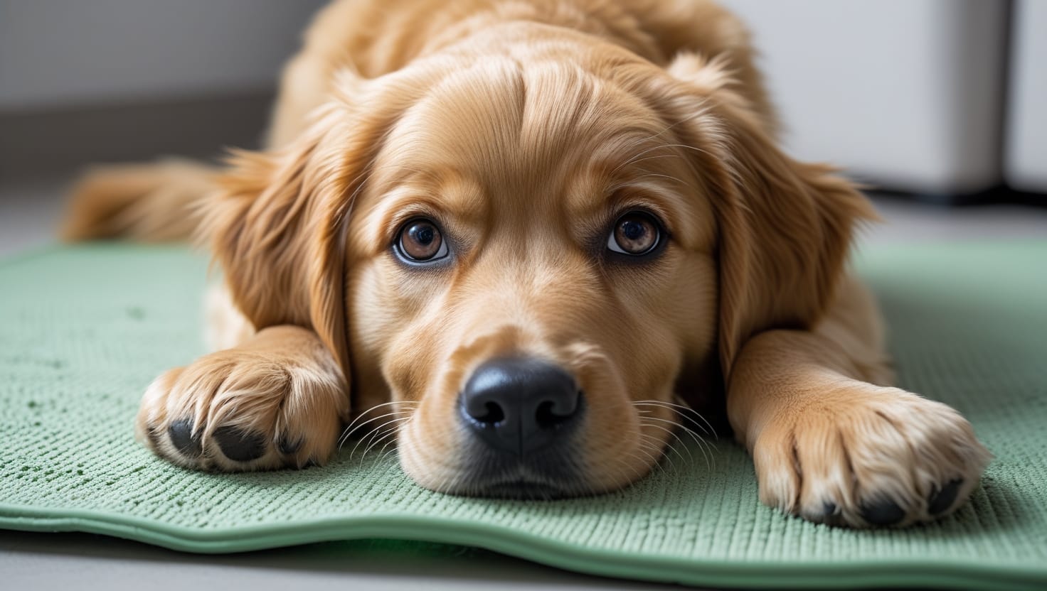 Como Ensinar Seu Cachorro a Fazer as Necessidades no Lugar Certo 7 Filhote de Golden Retriever com pelagem dourada, olhando para a câmera enquanto está sentado em um tapete higiênico verde.