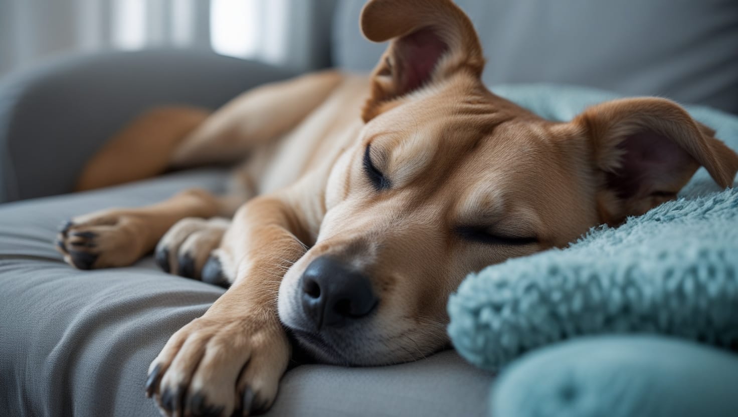 Cachorros Sonham? A Ciência Revela o que Acontece Enquanto Eles Dormem 7 Cachorro dormindo tranquilamente em uma caminha macia, com patas levemente se movendo, sugerindo que está sonhando.
