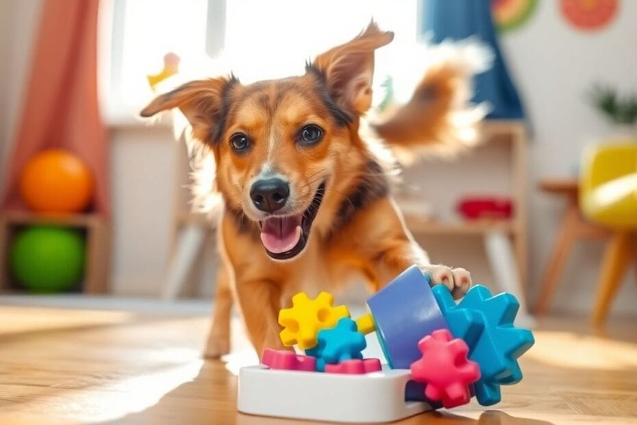 Guia Completo de Enriquecimento Ambiental para Cães 3 Cão feliz brincando com brinquedo de enriquecimento ambiental.