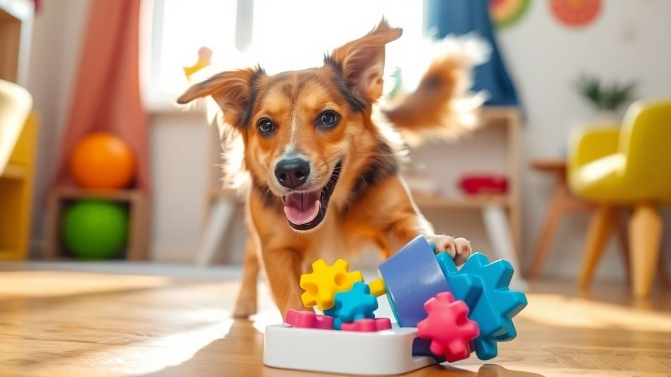 Guia Completo de Enriquecimento Ambiental para Cães 5 Cão feliz brincando com brinquedo de enriquecimento ambiental.