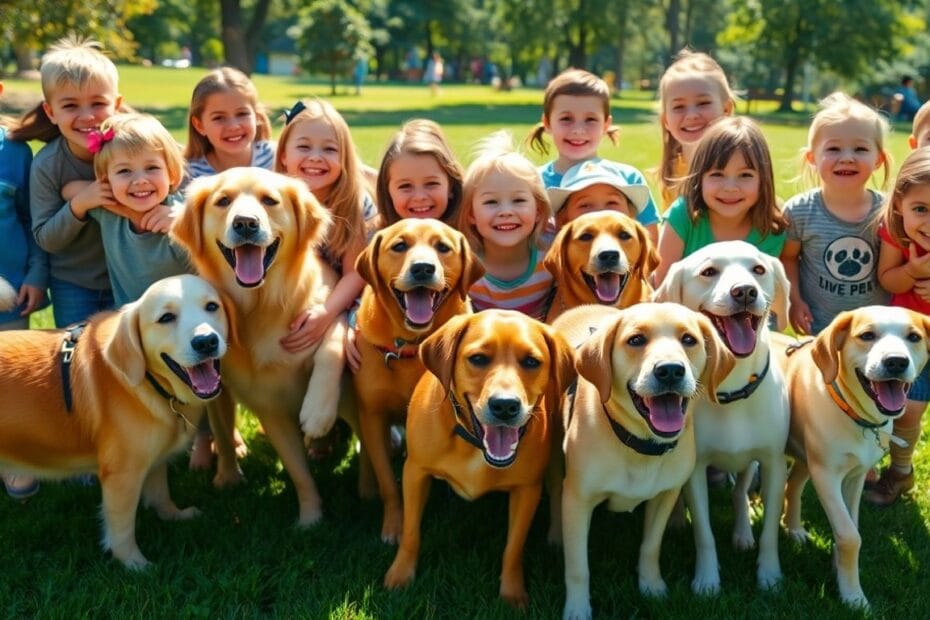As 12 Raças de Cães Mais Brincalhonas e Dóceis para Crianças 1 Crianças brincando felizes com cães dóceis em um parque.