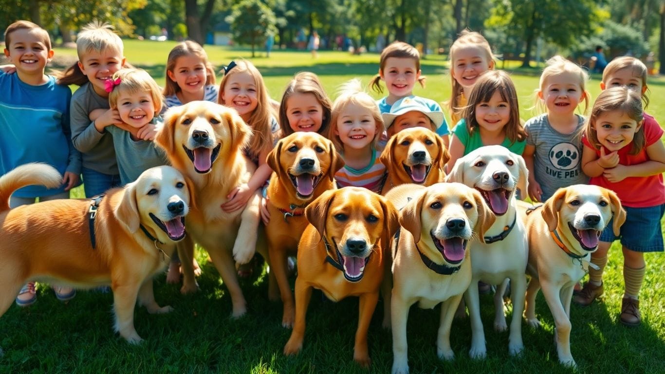 Crianças brincando felizes com cães dóceis em um parque.