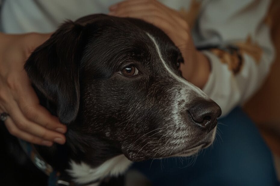 Mulher com expressão melancólica acaricia suavemente a cabeça de um cachorro labrador preto e branco que está com a cabeça apoiada em seu colo, transmitindo conforto e apoio mútuo em um ambiente aconchegante.