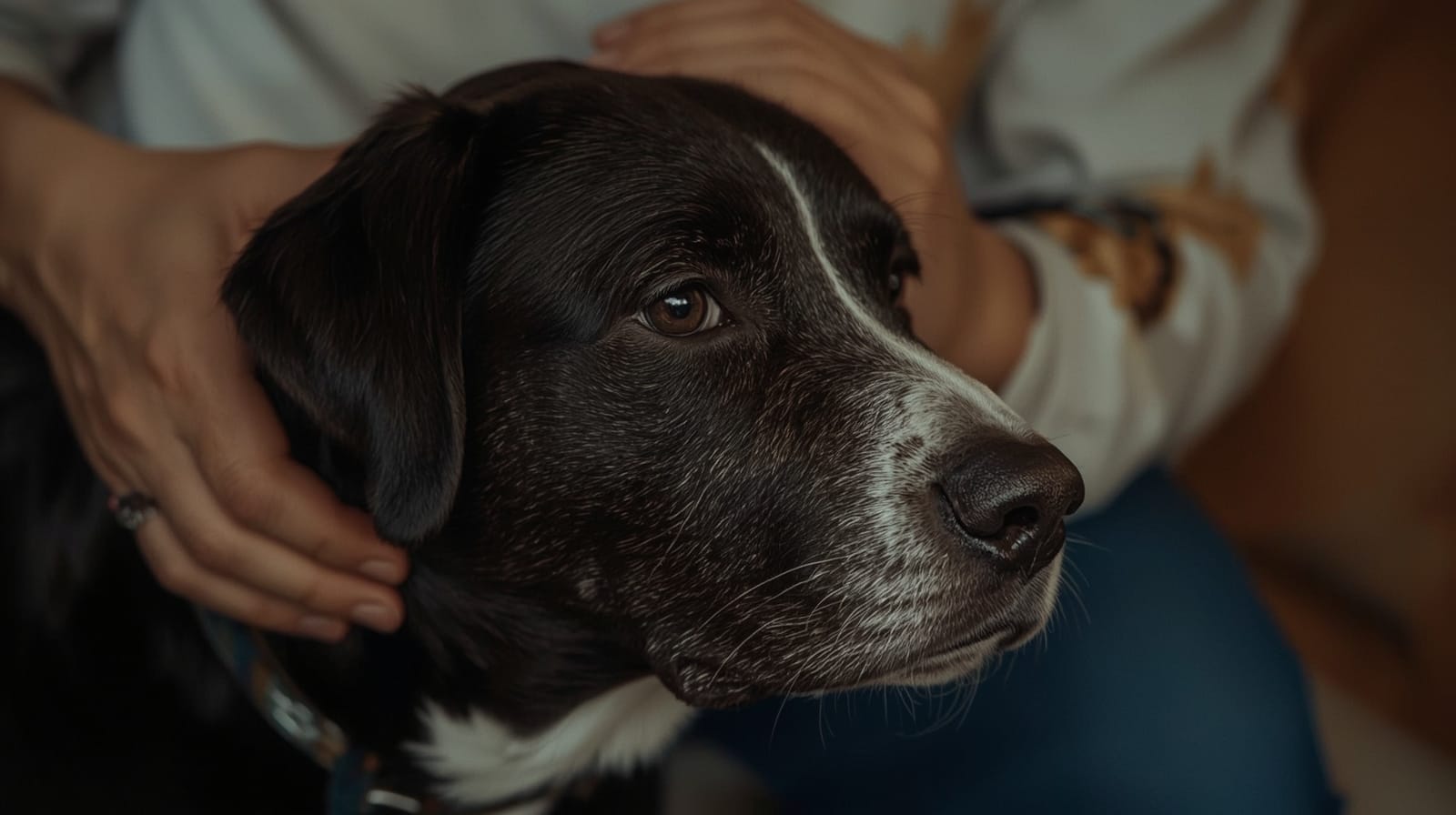 Mulher com expressão melancólica acaricia suavemente a cabeça de um cachorro labrador preto e branco que está com a cabeça apoiada em seu colo, transmitindo conforto e apoio mútuo em um ambiente aconchegante.