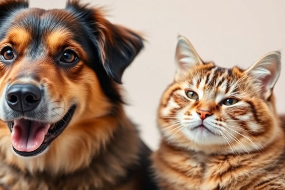 Cachorro e gato saudáveis juntos em imagem fotográfica.