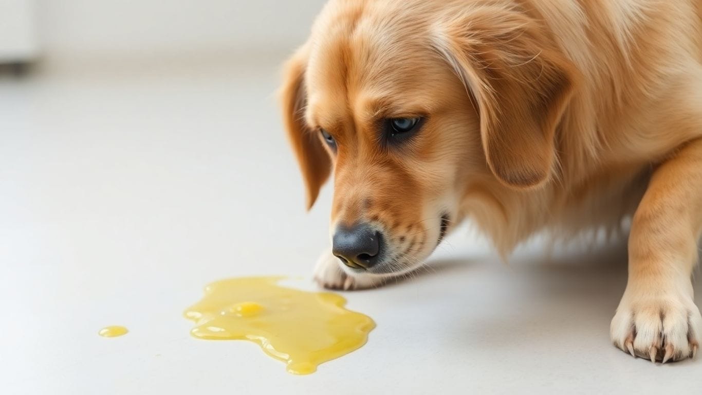 Cachorro Vomitando: O Que Fazer e Quando Ir ao Veterinário 2 Cachorro com vômito amarelo no chão.