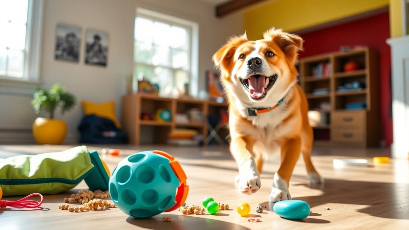 Guia Completo de Enriquecimento Ambiental para Cães 3 Cão feliz brincando com brinquedo de enriquecimento ambiental.