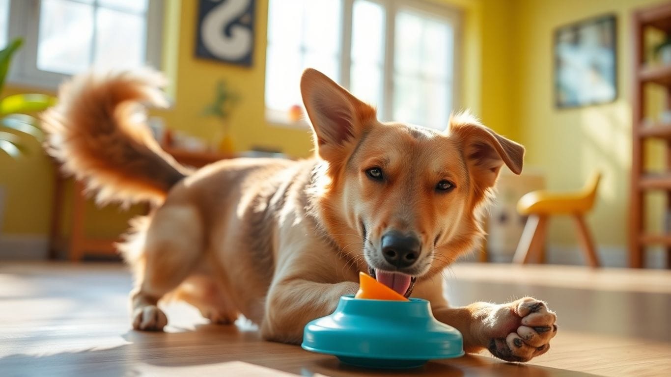 Guia Completo de Enriquecimento Ambiental para Cães 2 Cão feliz brincando com brinquedo interativo em casa.