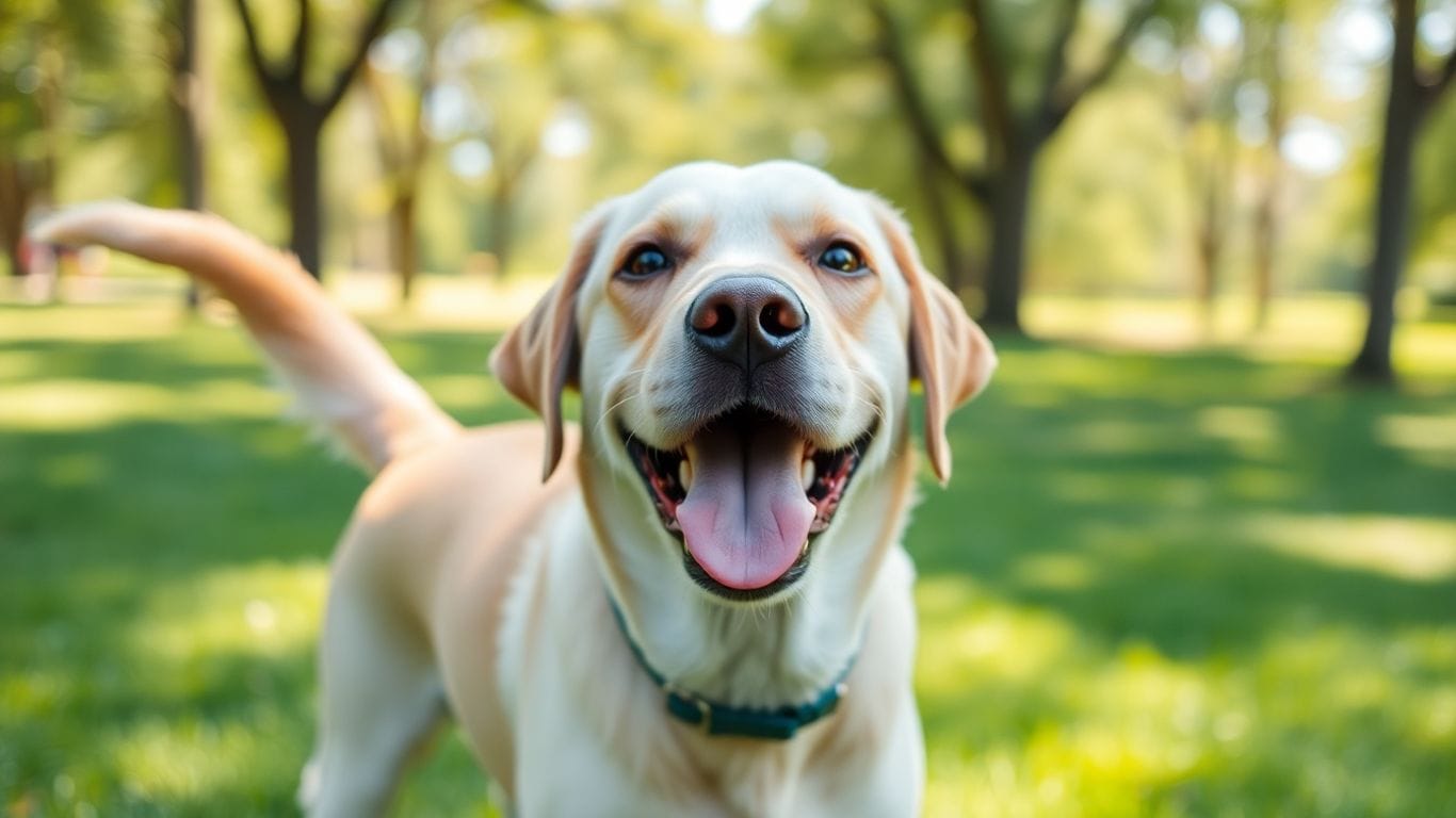 As 12 Raças de Cães Mais Brincalhonas e Dóceis para Crianças 2 Labrador Retriever brincando em um parque ensolarado.