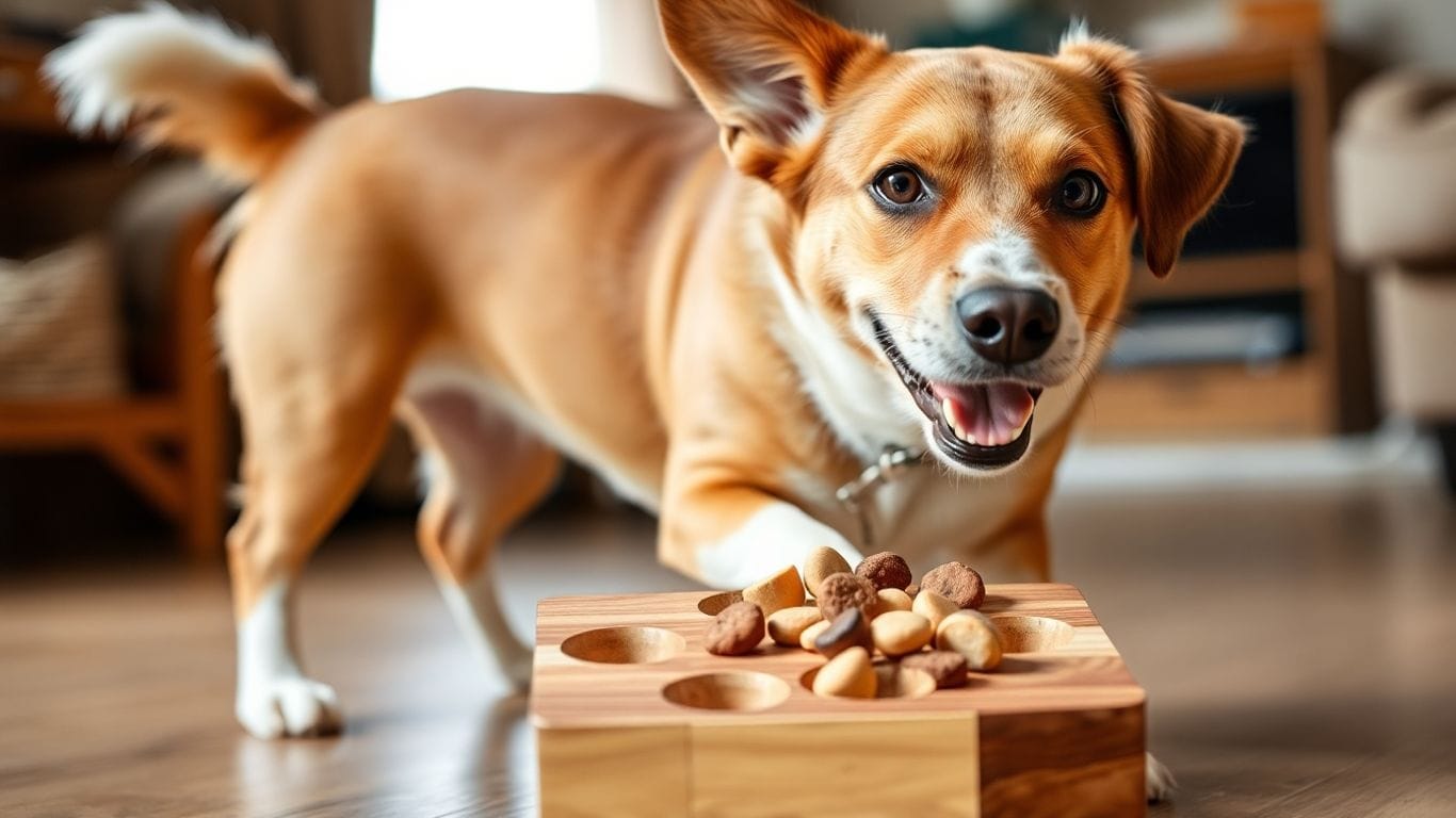 Guia Completo de Enriquecimento Ambiental para Cães 4 Cão feliz brincando com brinquedo de enriquecimento.