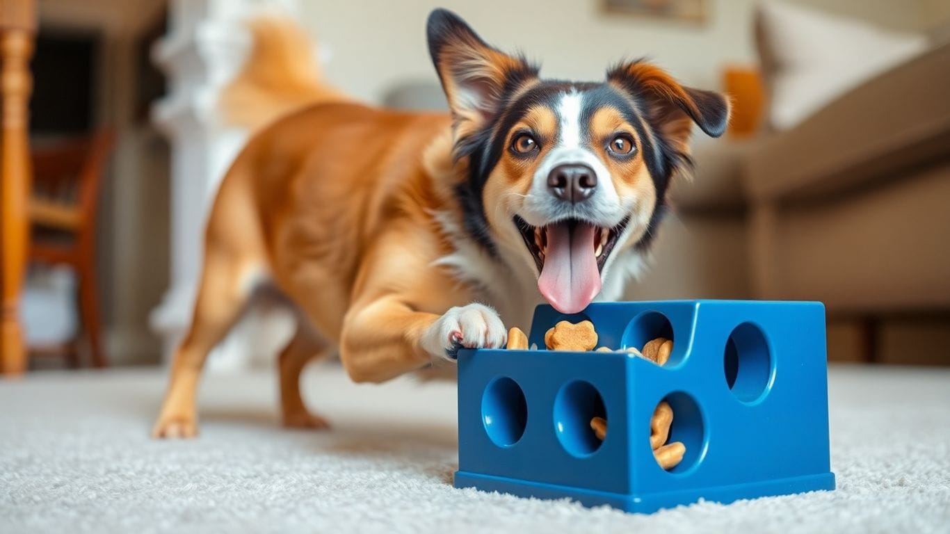 Guia Completo de Enriquecimento Ambiental para Cães 5 Cão feliz brincando com brinquedo de enriquecimento.