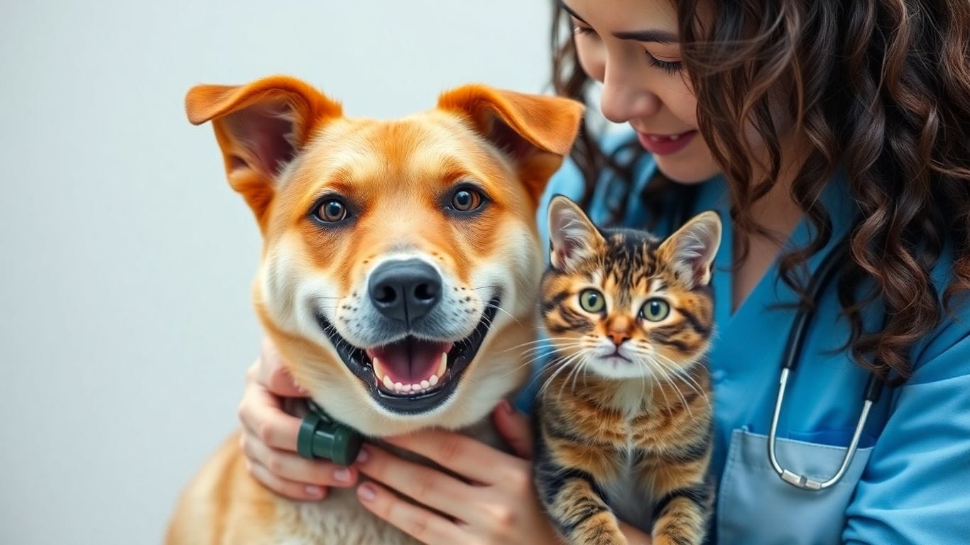 Guia Completo de Saúde Preventiva para Cães e Gatos: Cuidados, Vacinas e Dicas Essenciais 3 Veterinário examinando cão e gato saudáveis.