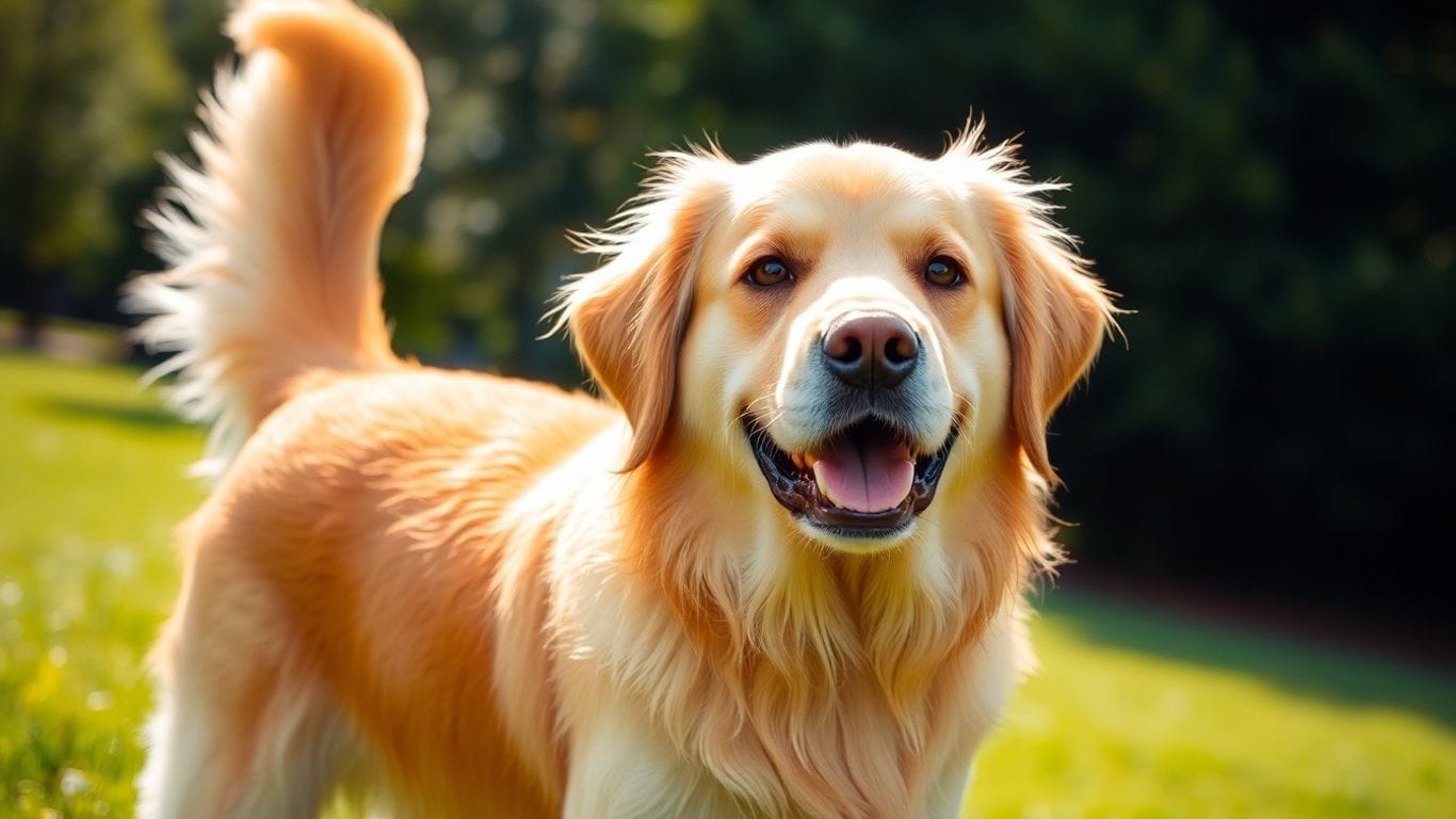 As 12 Raças de Cães Mais Brincalhonas e Dóceis para Crianças 3 Golden Retriever brincando feliz em um parque ensolarado.