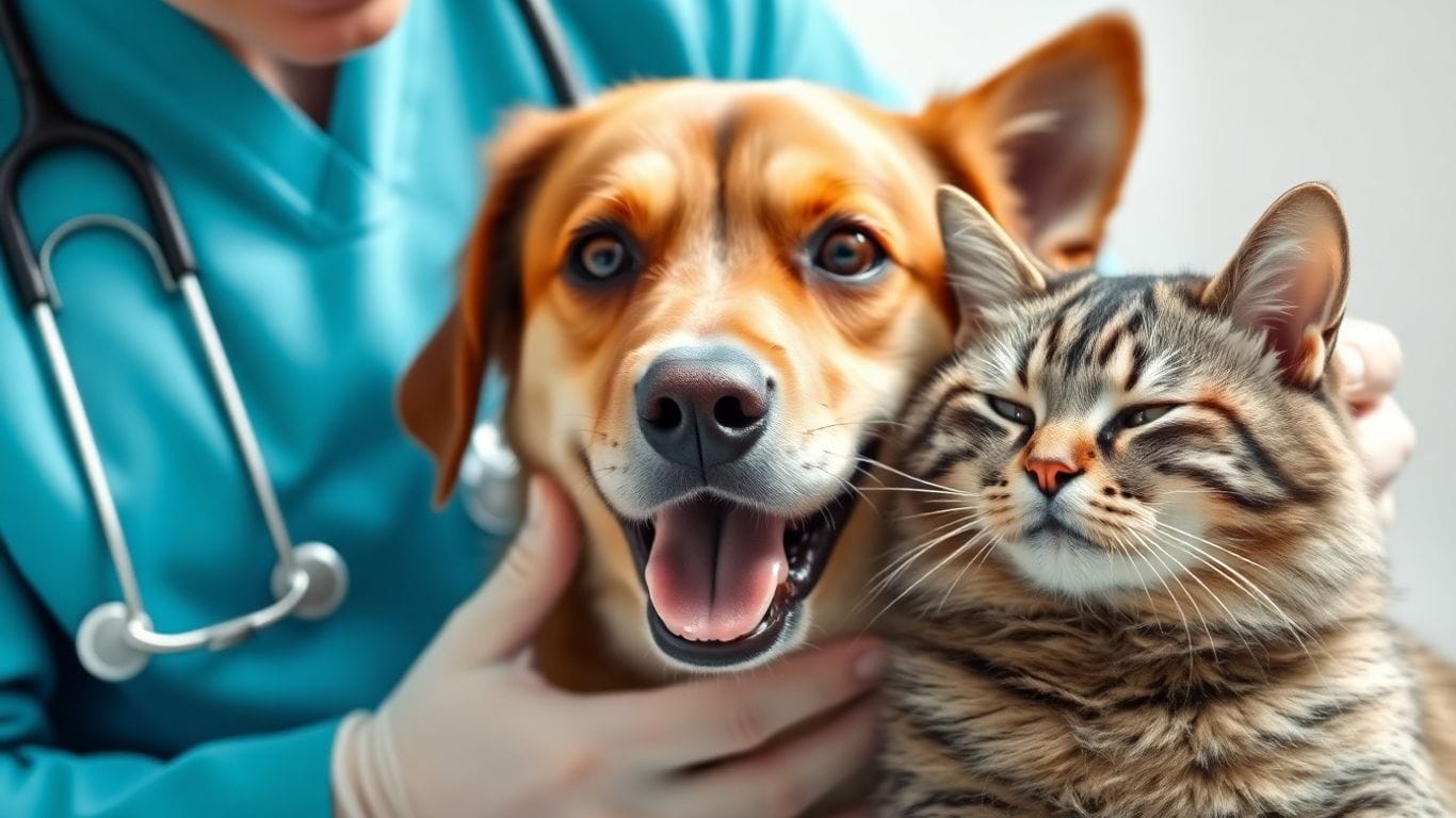 Guia Completo de Saúde Preventiva para Cães e Gatos: Cuidados, Vacinas e Dicas Essenciais 2 Veterinário examinando cão e gato saudáveis.